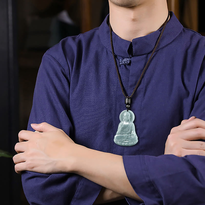 Buddha Stones Amitabha Boeddha Amulet van Natuurlijke Jade Lotus, symbool van mededogen, Ketting - image 3