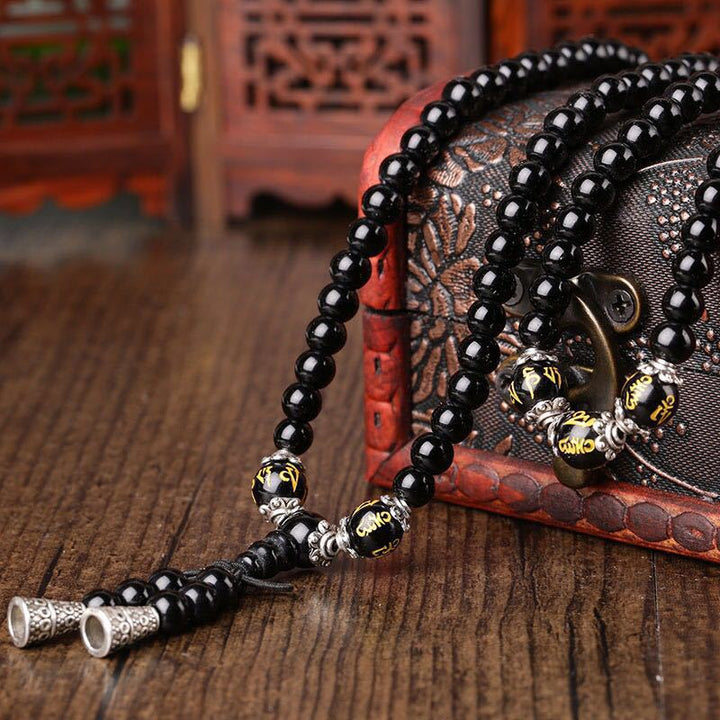 Buddha Stones Zwarte obsidiaan Mala Armband met de zes ware woorden ter bescherming - image 3