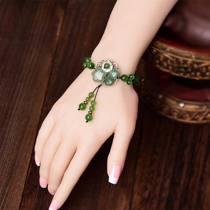 Buddha Stones Natuurlijke groene jade Armband met bungelende bloem - image 13