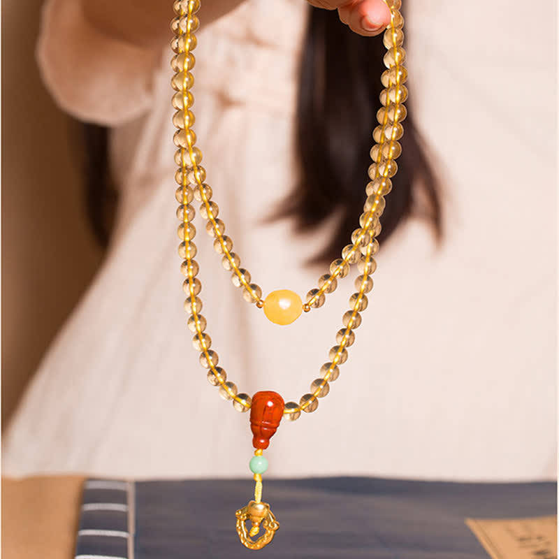 925 Sterling Zilveren Mala met 108 kralen, natuurlijke citrien, rode agaat en amber, en een Armband met pleziermotief. - image 1
