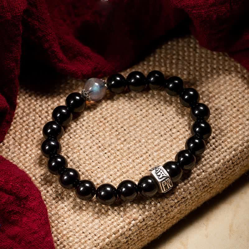 Buddha Stones Chinese dierenriem geboorte Boeddha 925 sterling zilveren Armband met zwarte obsidiaan en maansteen ter bevordering van kracht - Hond/Varken-Amitabha Boeddha - image 0