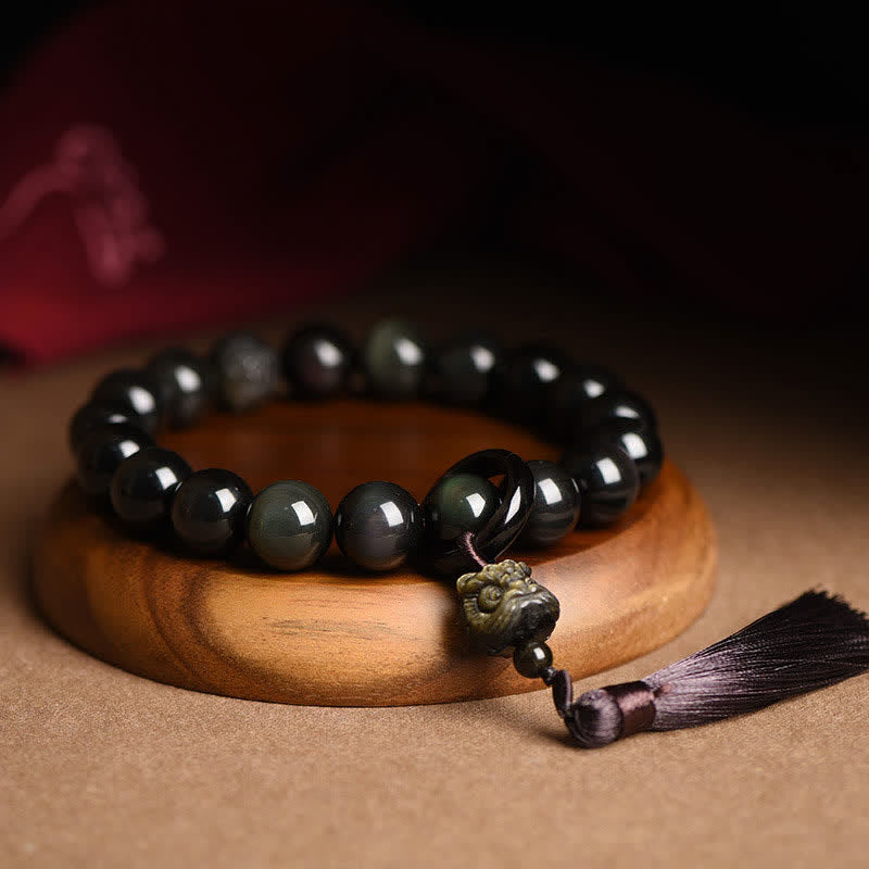 Buddha Stones Natuurlijke zwarte obsidiaan leeuw Pols Mala, beschermingsmala voor in de zak of Mala autodecoratie. - Zwarte obsidiaan & leeuw - image 0
