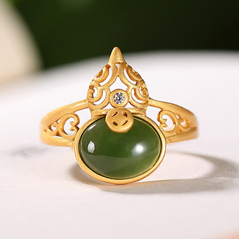 Buddha Stones Kalebas cyaan jade koperen munt succes geluk verstelbare Ring - image 5