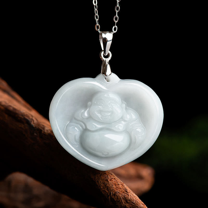 Buddha Stones Lachende Boeddha hanger van witte jade met gelukssymbool en titanium stalen Ketting . - image 0