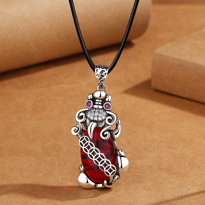 Buddha Stones PiXiu Garnet Koperen Munt Ketting Hanger - PiXiu &amp; leren touw - image 5