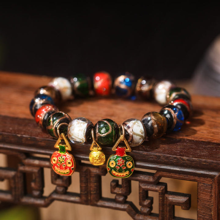 Buddha Stones Vijf Elementen Gouden Verslindend Beest Familie Charm Liuli Glazen Kraal Armband - Liuli glazen kralen &amp; platte rode, groene en gouden zwaluwbeestfamilie - 14mm(15 kralen) - image 7