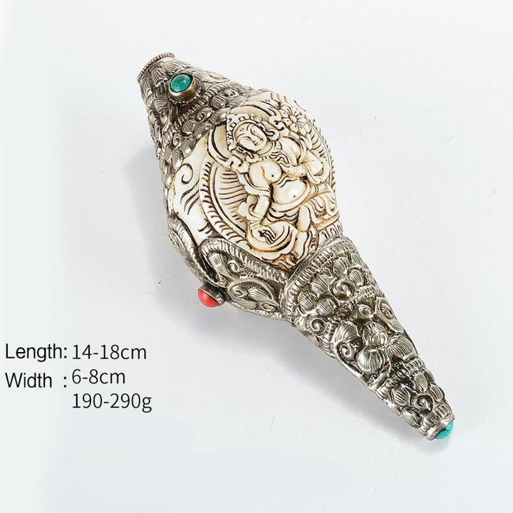 Tibetaanse handgemaakte gegraveerde Shankha Boeddha schelp decoratie, symbool voor welvaart en positiviteit. - Groene Tara - image 15