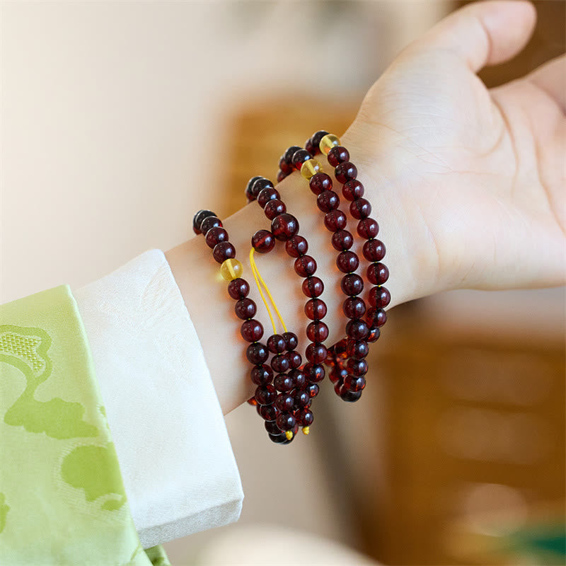 Buddha Stones Natuurlijke Mala met 108 amberkleurige kralen, transparante Armband tegen angst. - image 1