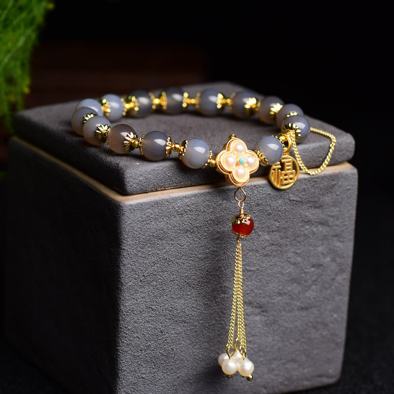 Buddha Stones Natuurlijke grijze agaat Fu karakter parel kwastje Armband - image 2