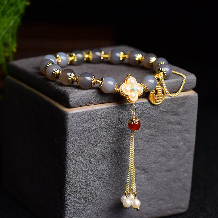 Buddha Stones Natuurlijke grijze agaat Fu karakter parel kwastje Armband - image 2