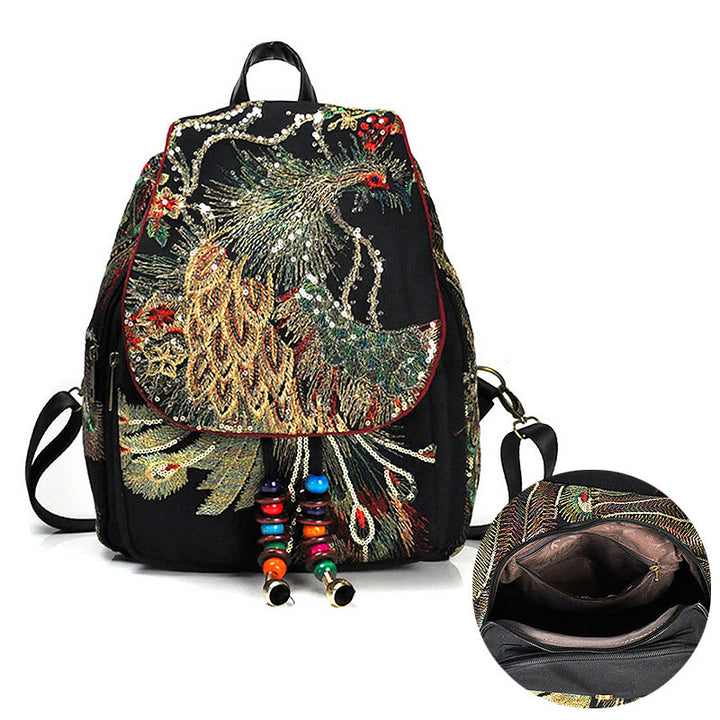 Buddha Stones Rugzak van canvas met pauwenborduurwerk en kwastjes - image 1