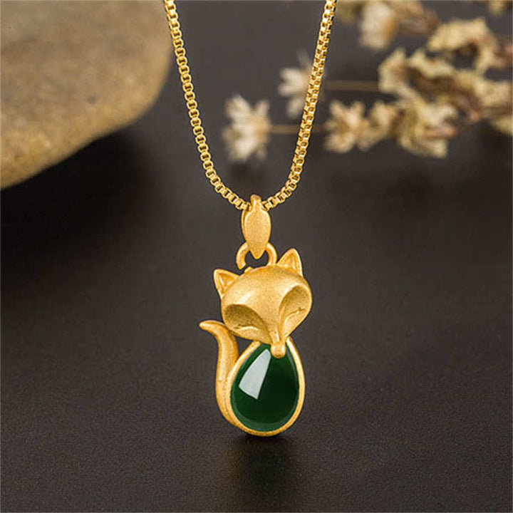 Buddha Stones Halskettinghanger met groene chalcedoon vossenpatroon en symbool voor moed - image 3