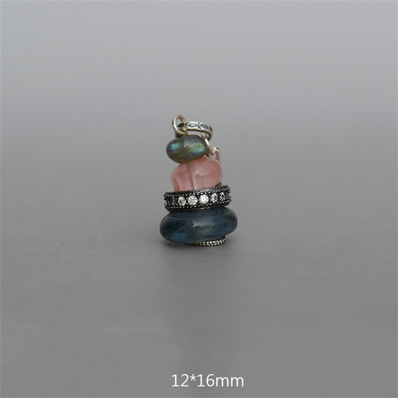 Buddha Stones Zen Cairn Labradoriet Diverse Kristallen Kalmerende Hanger Ketting - Hanger met zwarte glittersteen, roze kristal en glazen kraal, 12 x 16mm - image 20