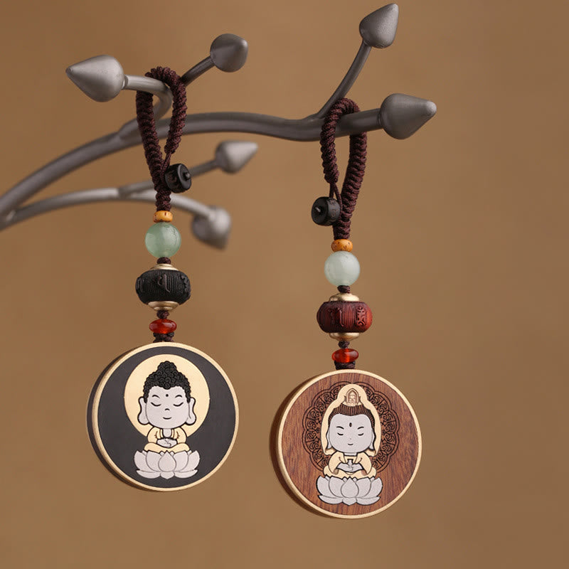 Buddha Stones Ebbenhout Palissander Boeddha Avalokitesvara Om Mani Padme Hum Balans Autosleutelhanger Decoratie - image 0