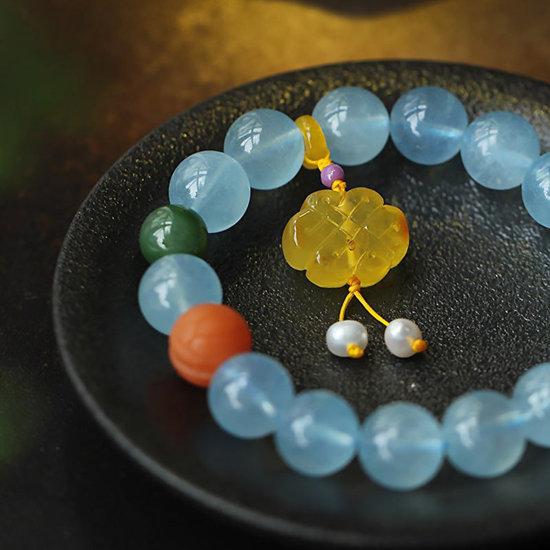 Buddha Stones Natuurlijke aquamarijn barnsteen Chinese knoop bedel Armband - image 9