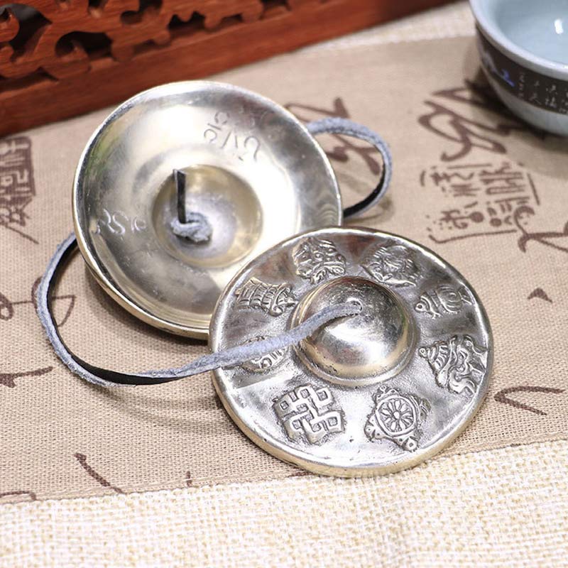 Buddha Stones Tibetaanse Tingsha-bel met de zes ware woorden, witte koperen helende decoratie - image 0