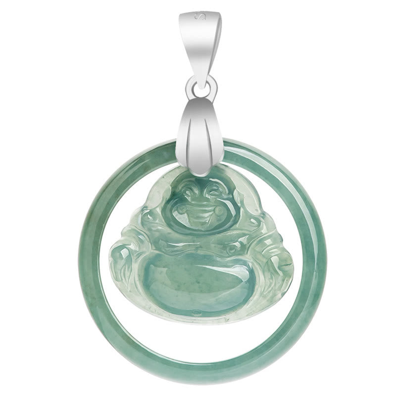 Buddha Stones Ketting met hanger van natuurlijke jade, ronde lachende Boeddha en titanium stalen ketting ter ere van overvloed. - image 8