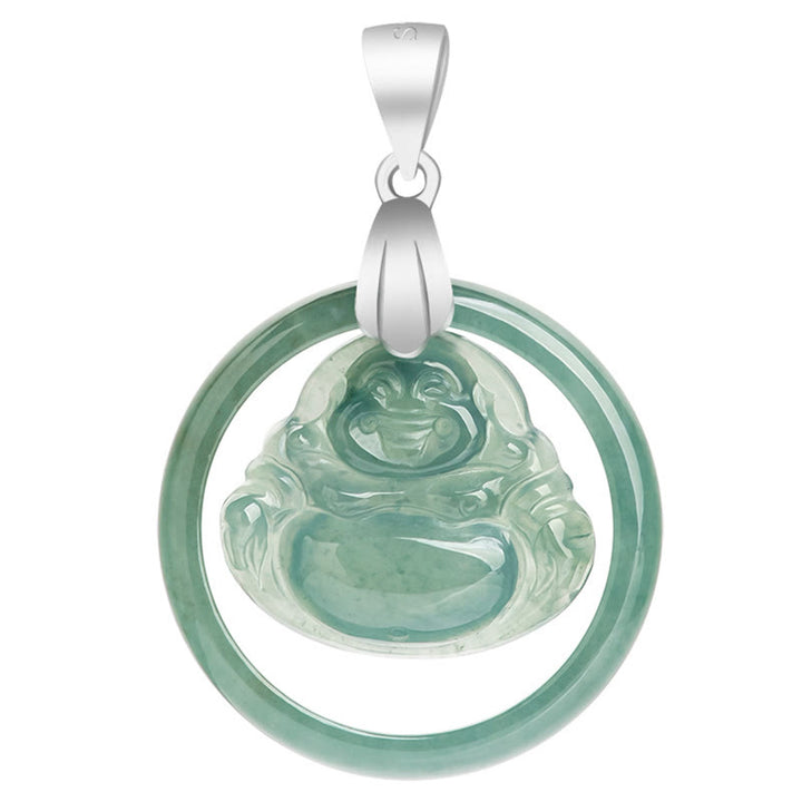Buddha Stones Ketting met hanger van natuurlijke jade, ronde lachende Boeddha en titanium stalen ketting ter ere van overvloed. - image 8
