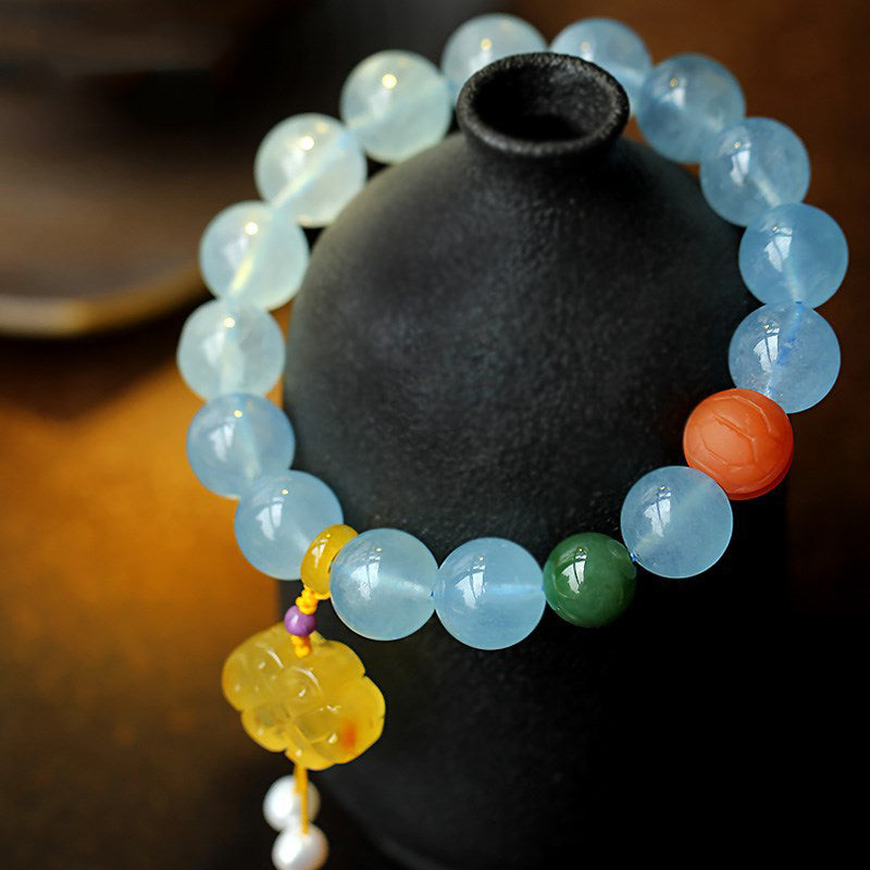 Buddha Stones Natuurlijke aquamarijn barnsteen Chinese knoop bedel Armband - image 5