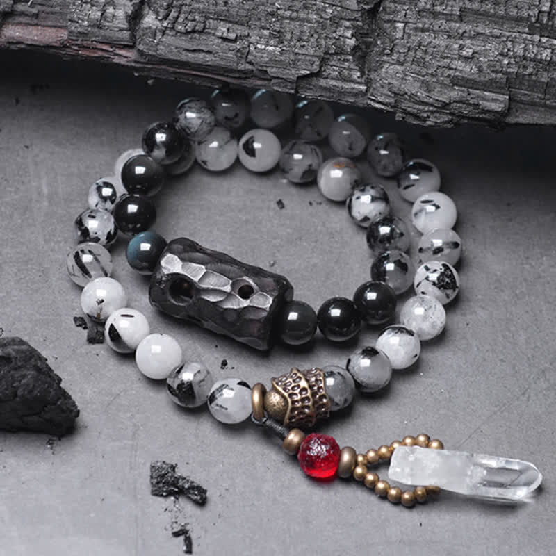 Buddha Stones Armband voor stellen met zwarte rutielkwarts, ebbenhout en witte kristallen - 18 cm - image 0