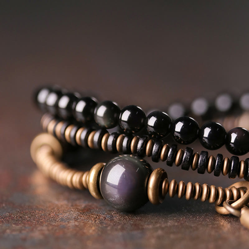 Buddha Stones Regenboog Obsidiaan Ebbenhout Koper Genezende Drievoudige Armband - image 1