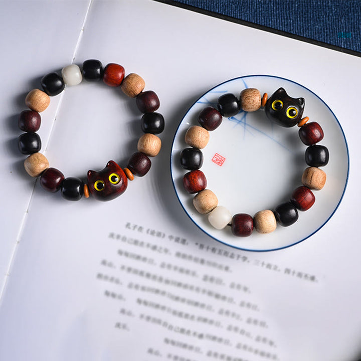 Buddha Stones Armband met kleine blaadjes, rood sandelhout, ebbenhout en schattige kat, gegraveerd ter bescherming - image 21