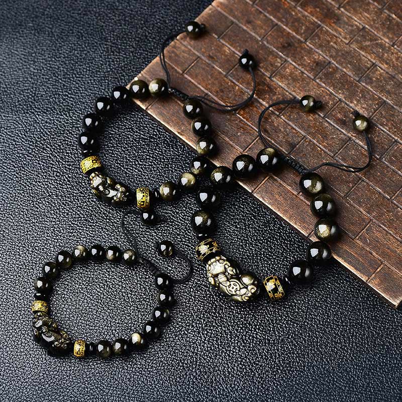 Buddha Stones Natuurlijke gouden glans obsidiaan PiXiu Om Mani Padme Hum Wealth gevlochten Armband - image 1