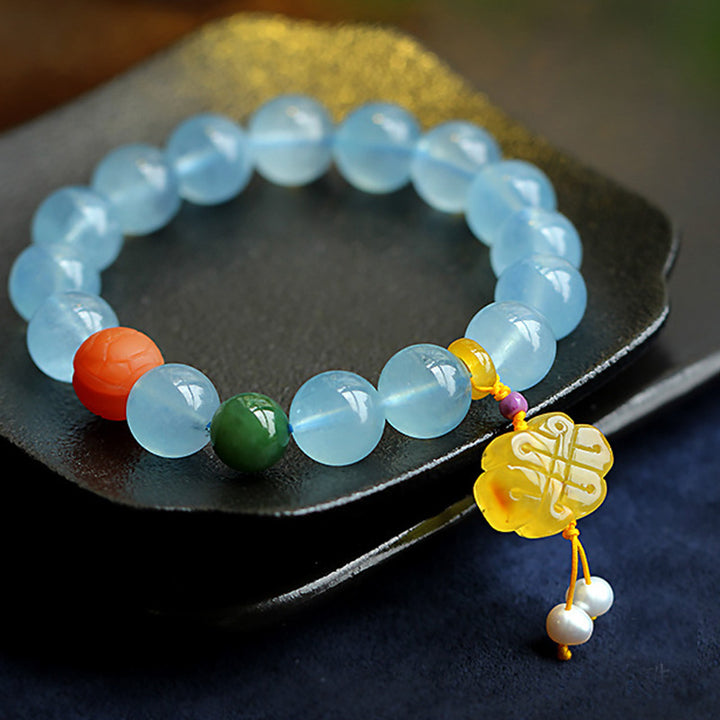 Buddha Stones Natuurlijke aquamarijn barnsteen Chinese knoop bedel Armband - image 6