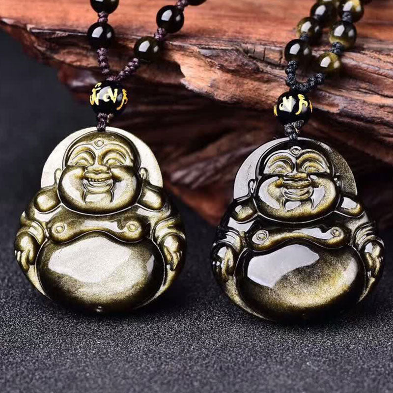 Buddha Stones Laughing Buddha Gold Shine Obsidian Wealth Ketting Pendant - image 1