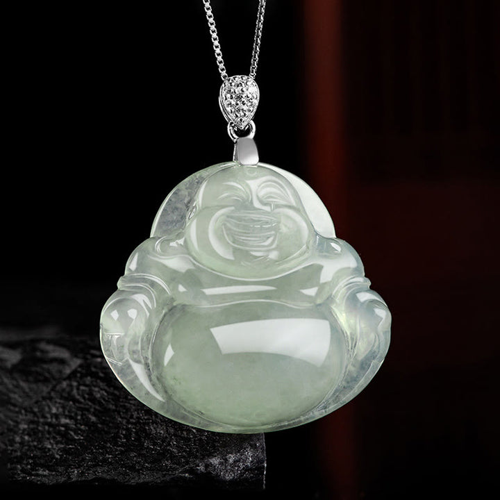 Buddha Stones Natuurlijke jade lachende Boeddha welvaart overvloed ketting Ketting van titaniumstaal - image 1