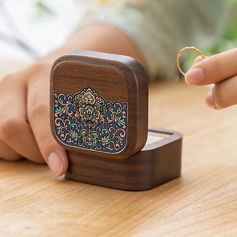 Retro handgemaakte Sieraden opbergdoos in bladmotief, houten geschenkdoos - Zwart perzikhout 6*6*4 cm - image 0