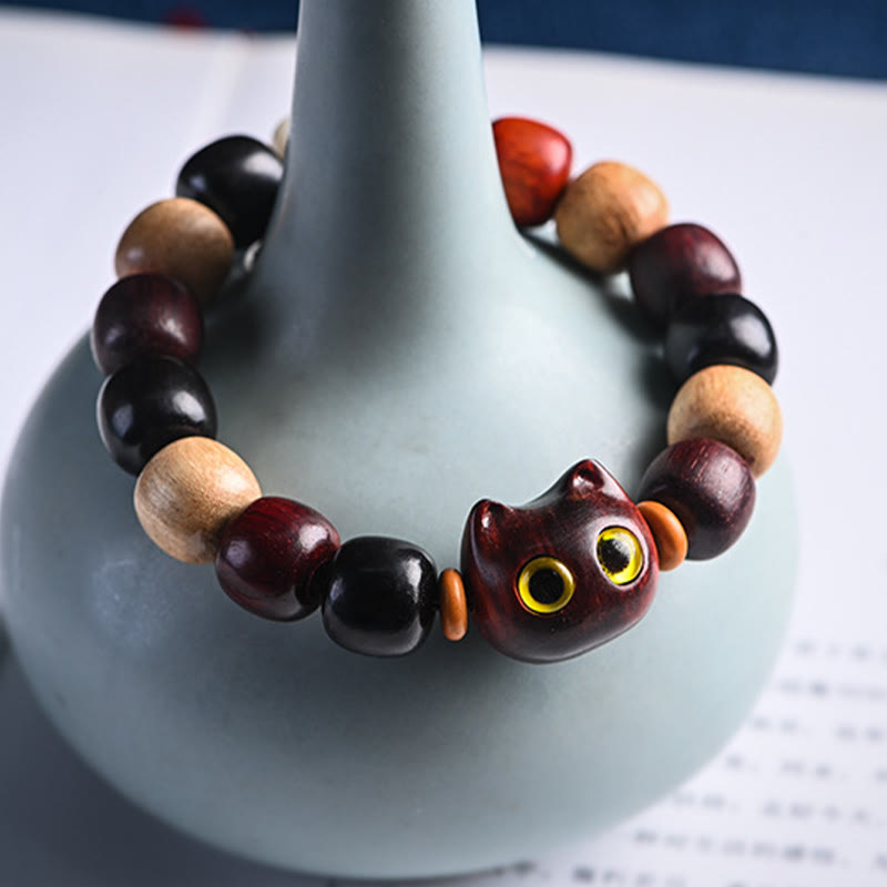Buddha Stones Armband met kleine blaadjes, rood sandelhout, ebbenhout en schattige kat, gegraveerd ter bescherming - image 12