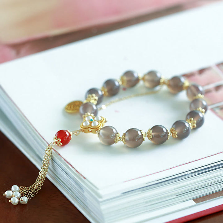 Buddha Stones Natuurlijke grijze agaat Fu karakter parel kwastje Armband - image 4