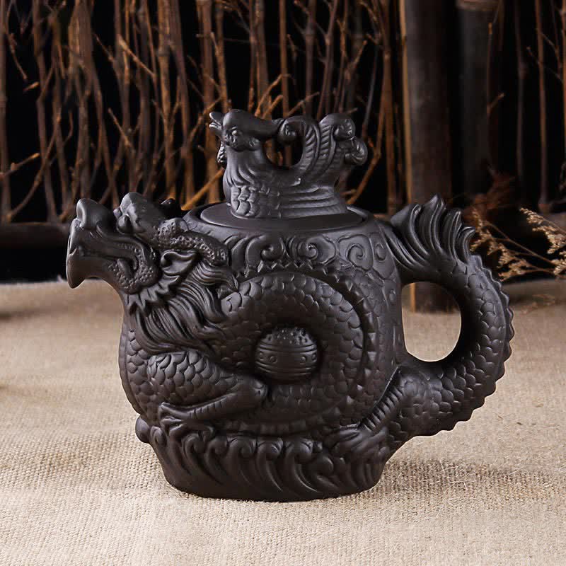 Vintage keramische theepot met draak en feniks - Zwart - image 0