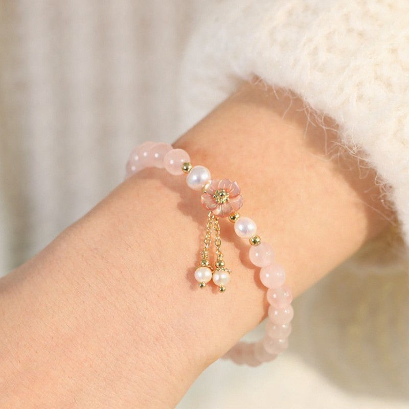 Buddha Stones Rozenkwarts parel bloem bedeltje Armband - image 1