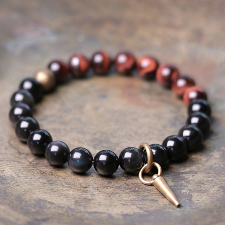 Buddha Stones Armband voor koppels met zwarte obsidiaan, sodaliet en koperen kristallen. - Zwarte obsidiaan en rode tijgeroog - 18 cm - image 16