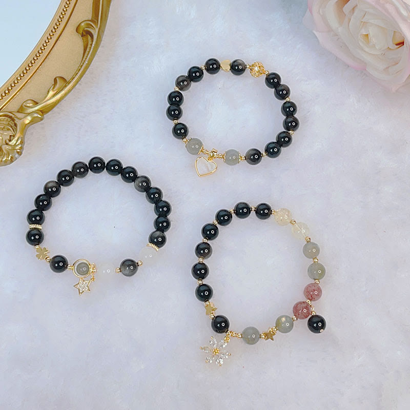 Buddha Stones Armband van obsidiaan met natuurlijke zilverglans, hart, ster en bloem. - image 15
