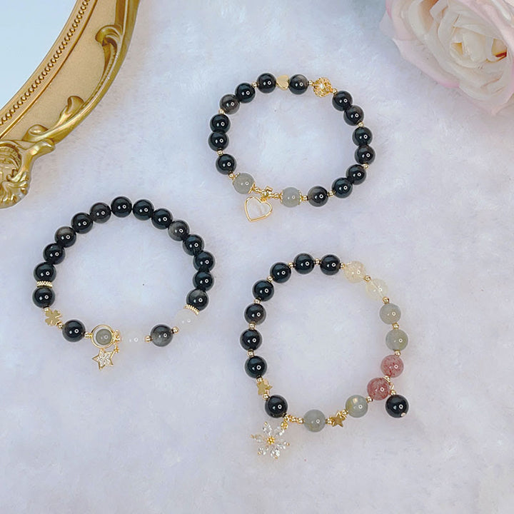 Buddha Stones Armband van obsidiaan met natuurlijke zilverglans, hart, ster en bloem. - image 15