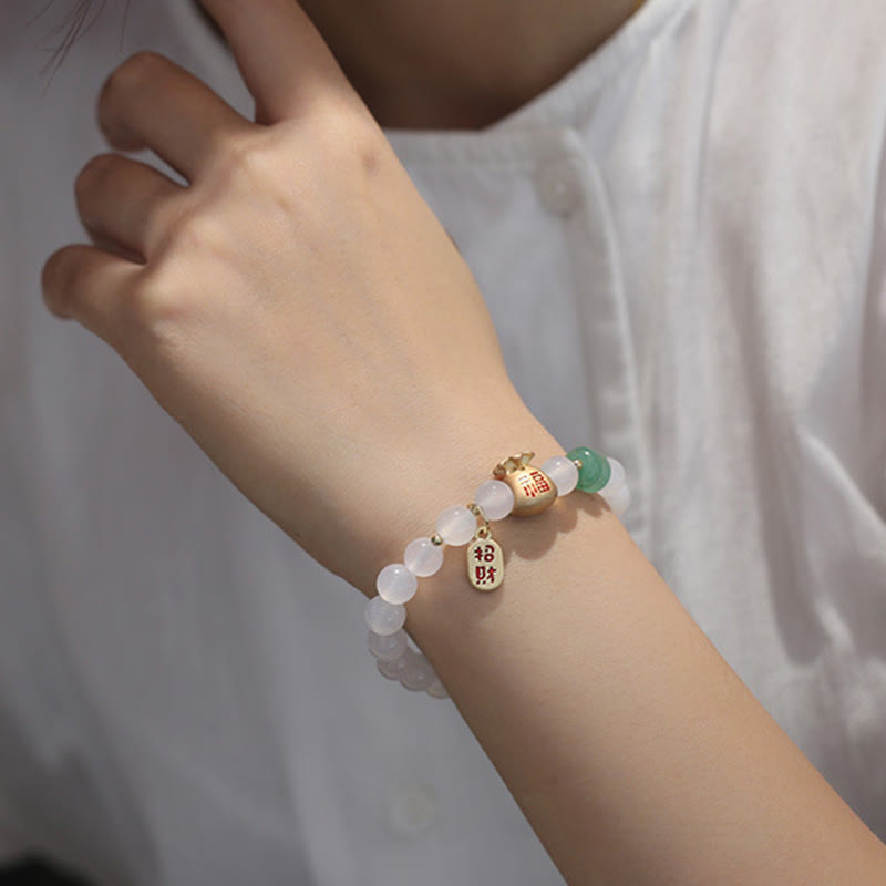 Buddha Stones Natuurlijke witte agaat, rode agaat, geldzak, Fu-teken, klavertje vier, Armband - image 4