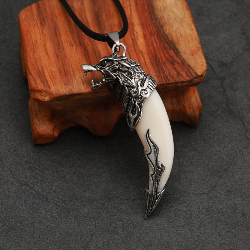 Buddha Stones Imitatie wolfstand titanium stalen Ketting - Witte imitatie wolfstand - leren touw - image 5