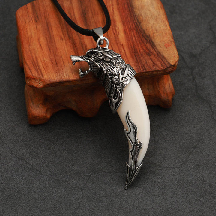 Buddha Stones Imitatie wolfstand titanium stalen Ketting - Witte imitatie wolfstand - leren touw - image 5