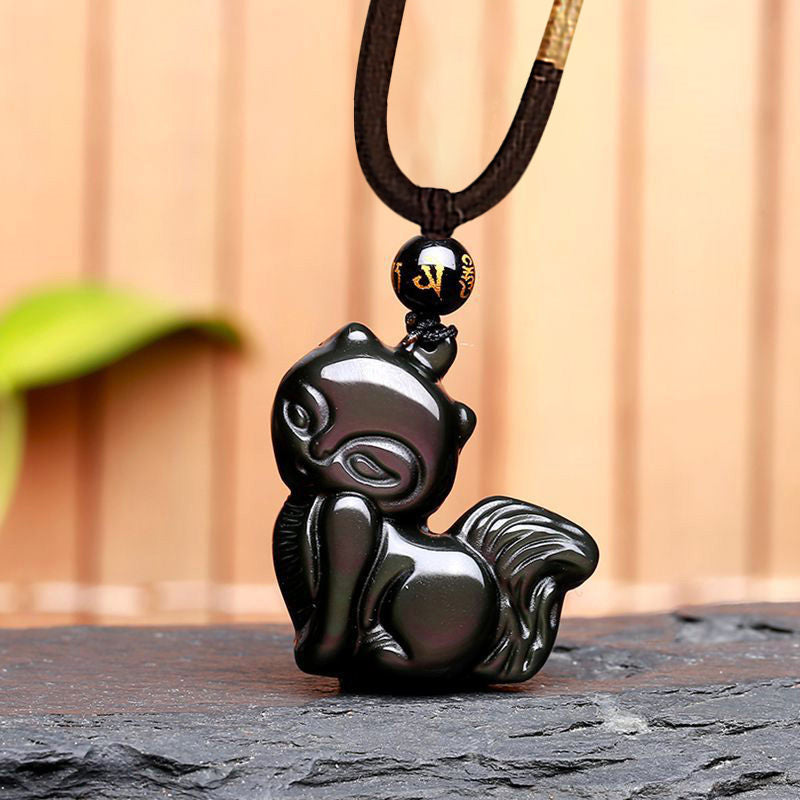 Buddha Stones Natuurlijke regenboogobsidiaan met gouden glans, obsidiaan hanger met Ketting - Regenboogobsidiaan kleine vos - image 12