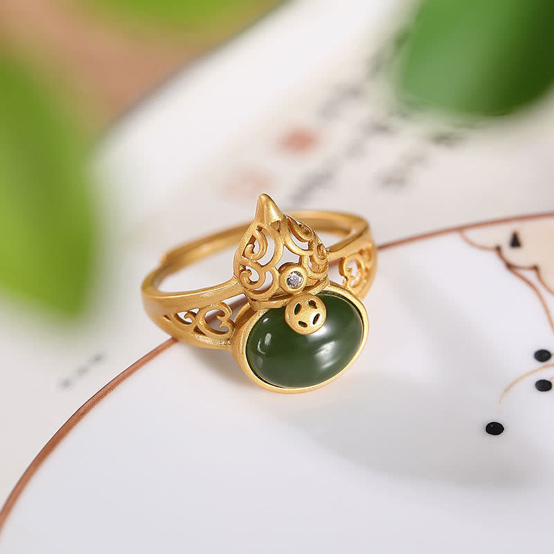 Buddha Stones Kalebas cyaan jade koperen munt succes geluk verstelbare Ring - image 1