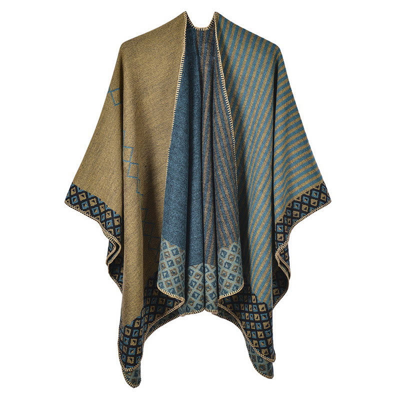 Buddha Stones Tibetaanse Sjaal (groot) met gestreept ruitpatroon, warme en zachte wintersjaal - Geel Blauw - image 25