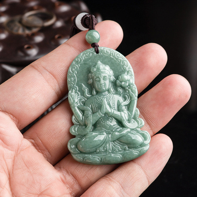 Buddha Stones Vierarmig Avalokitesvara amulet van natuurlijke jade met Ketting. - image 3
