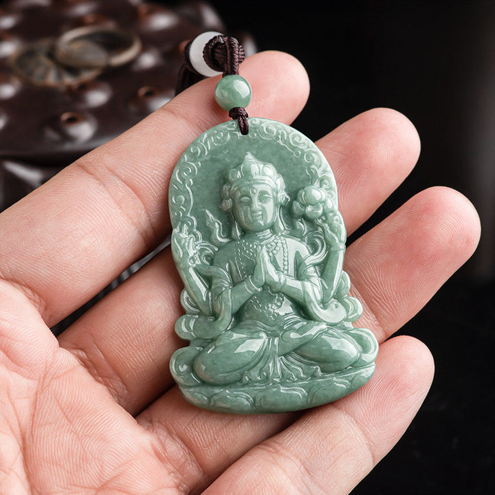 Buddha Stones Vierarmig Avalokitesvara amulet van natuurlijke jade met Ketting. - image 3