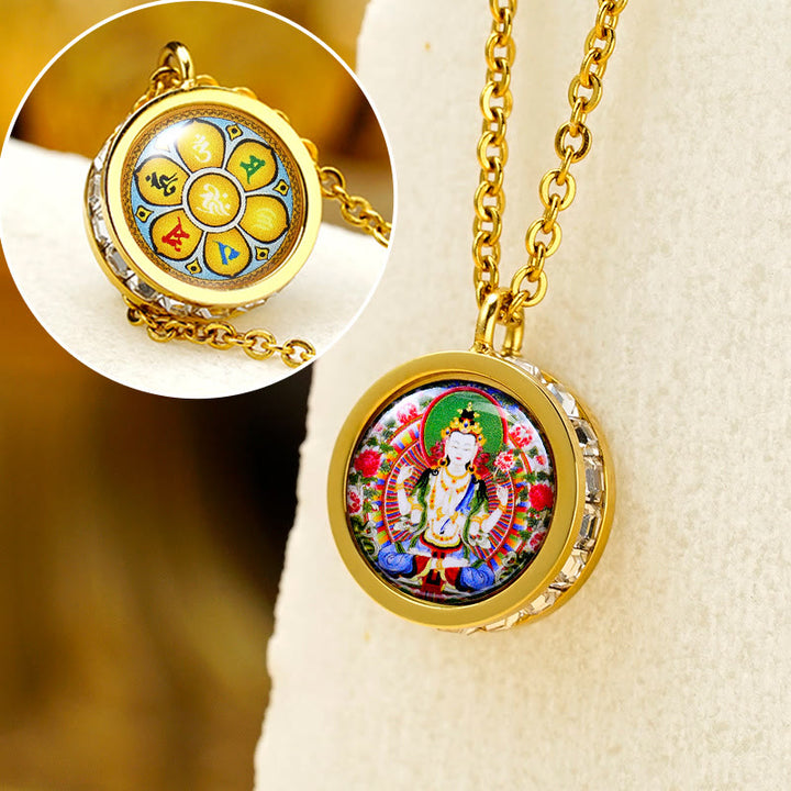 Buddha Stones Tibetaanse gele god van rijkdom, groene Tara Boeddha, sereniteit, Ketting van titaniumstaal - Voorzijde Vierarmige Avalokitesvara Achterzijde Om Mani Padme Hum - image 15