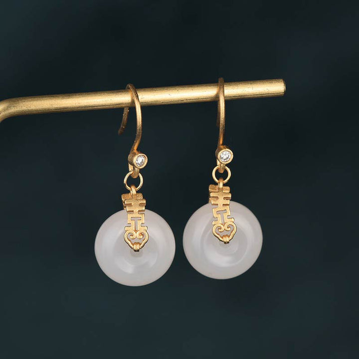 Buddha Stones Witte jade Oorbellen met dubbel gelukssymbool - Witte Jade - image 0