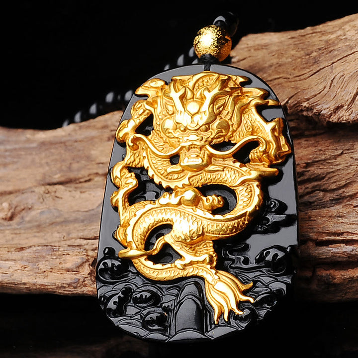 Buddha Stones 18k vergulde gelukshanger met draak en Ketting - Obsidiaan - image 2