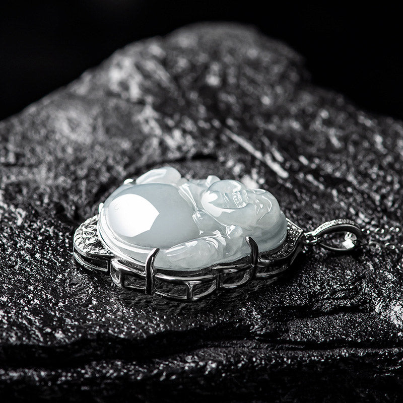 Buddha Stones Lachende Boeddha hanger van natuurlijke jade en titanium stalen Ketting - image 5